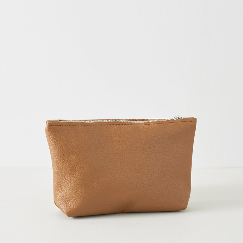handmade tan leather zipped pouch