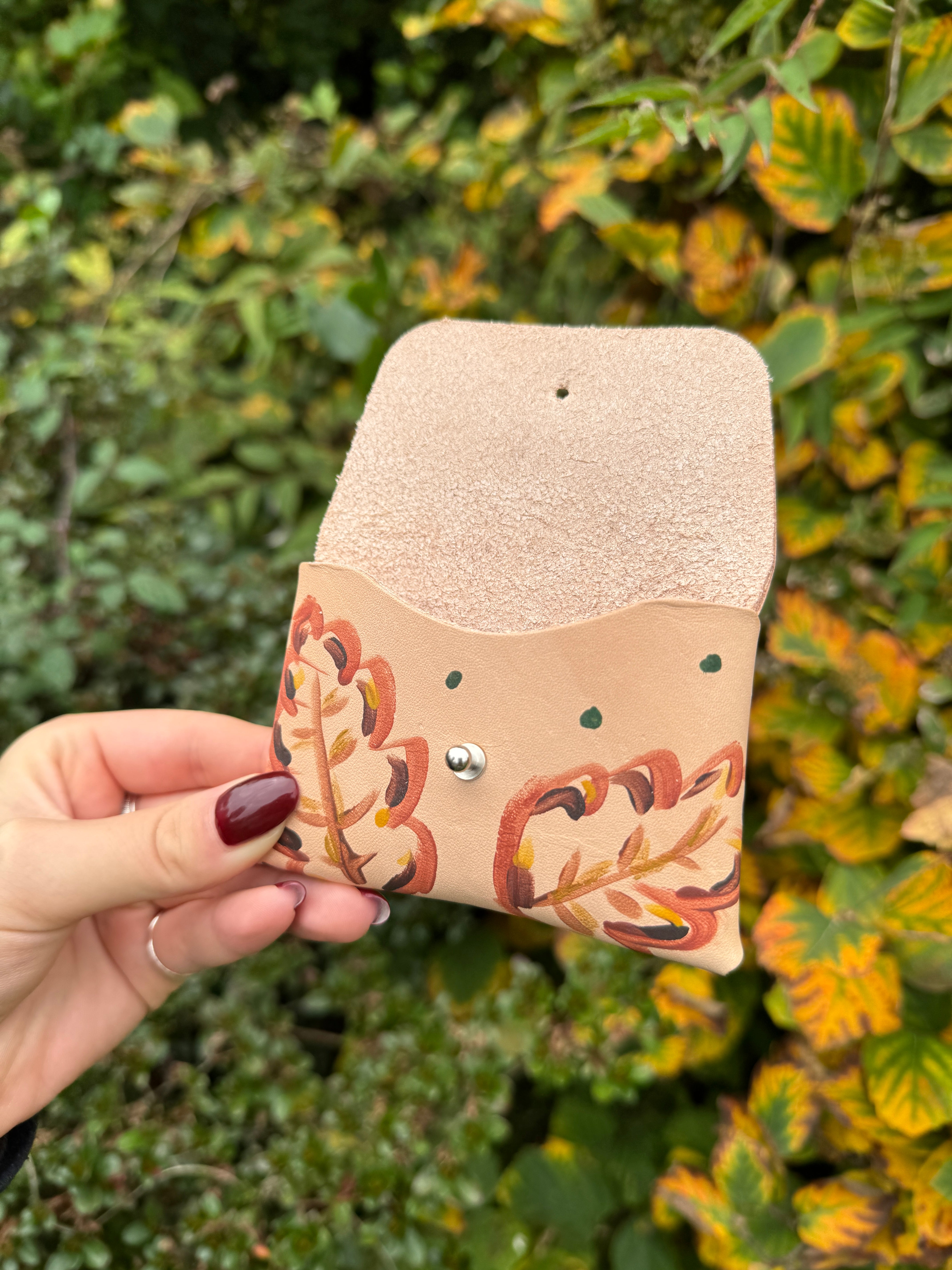 Hand Painted Leaf Leather Card Holder