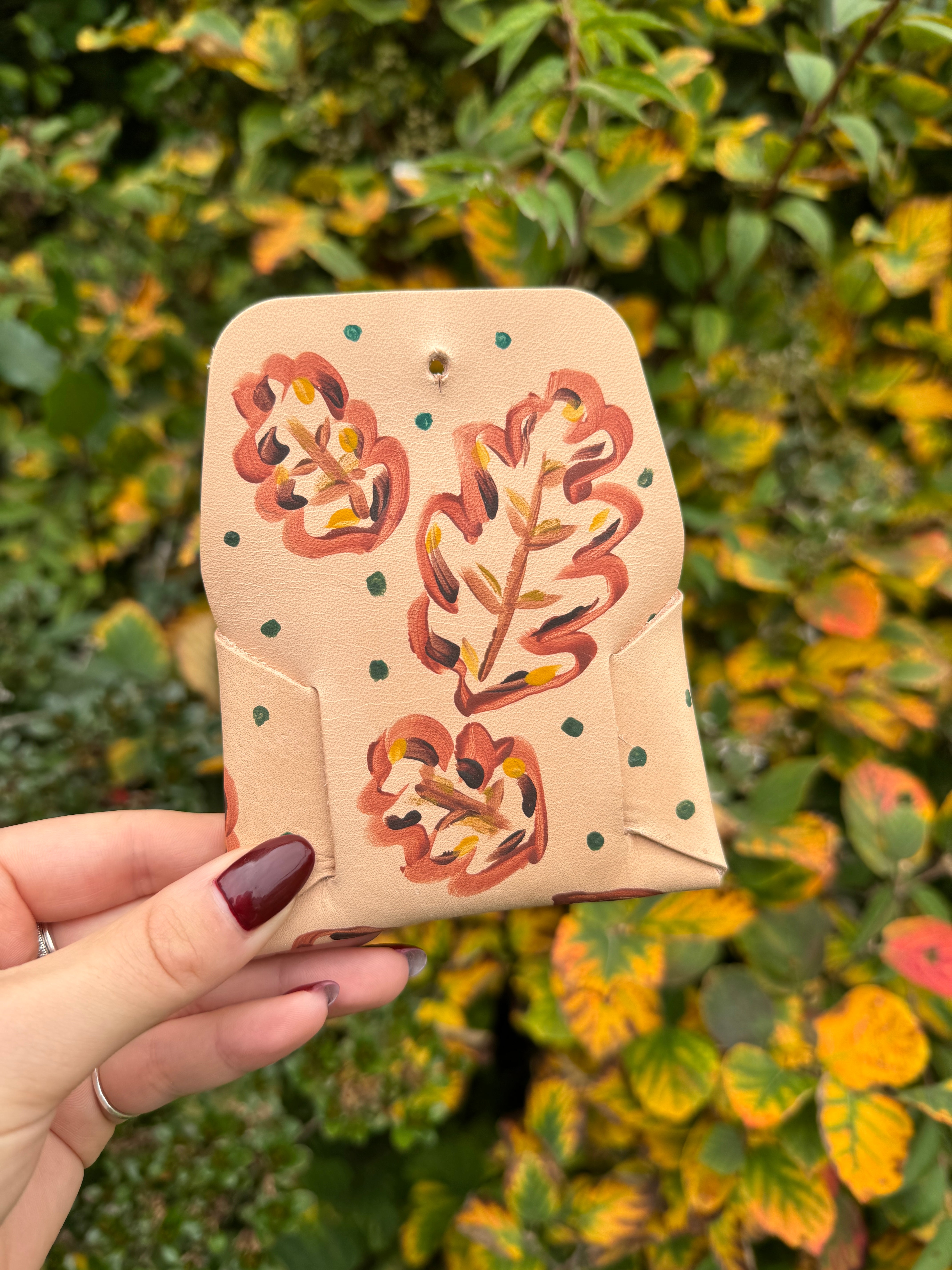 Hand Painted Leaf Leather Card Holder